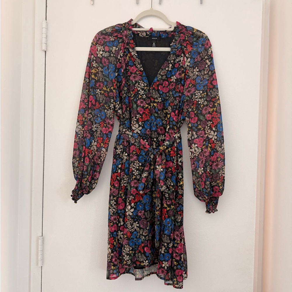 Aqua Multicolor Floral Long Sleeve Dress